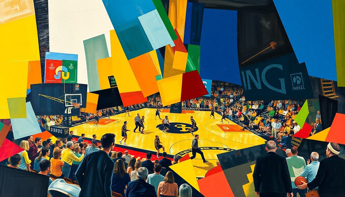 A fractured, cubist-style painting depicting the dynamic action and energy of a basketball game, with sharp geometric shapes and planes of color representing the Iowa Hawkeyes and their tournament opponents.