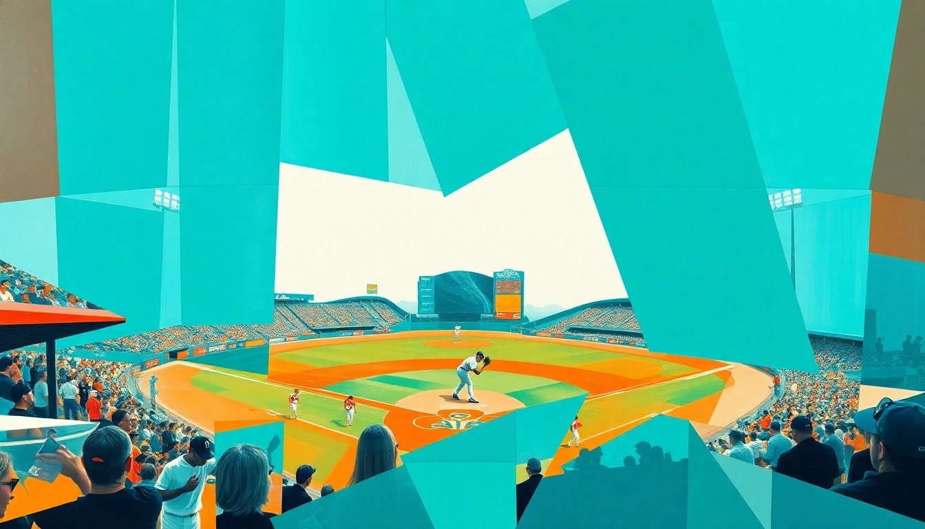 A fragmented, cubist-style painting depicting a baseball game or pitcher in motion, with sharp geometric shapes and planes of teal, orange, and white colors.