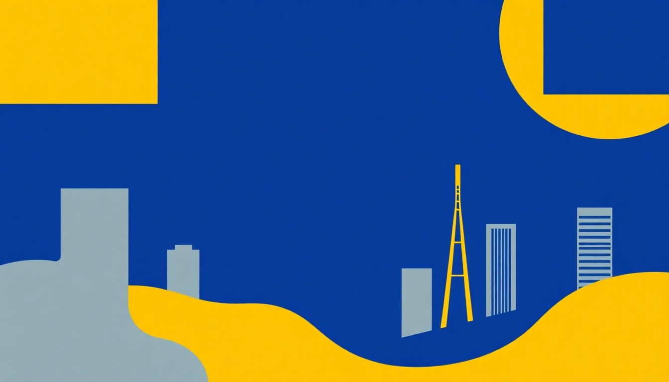 A geometric abstract illustration featuring bold shapes in shades of blue, yellow, and grey, conceptually representing the strength and growth of California's economy under Governor Newsom's leadership.