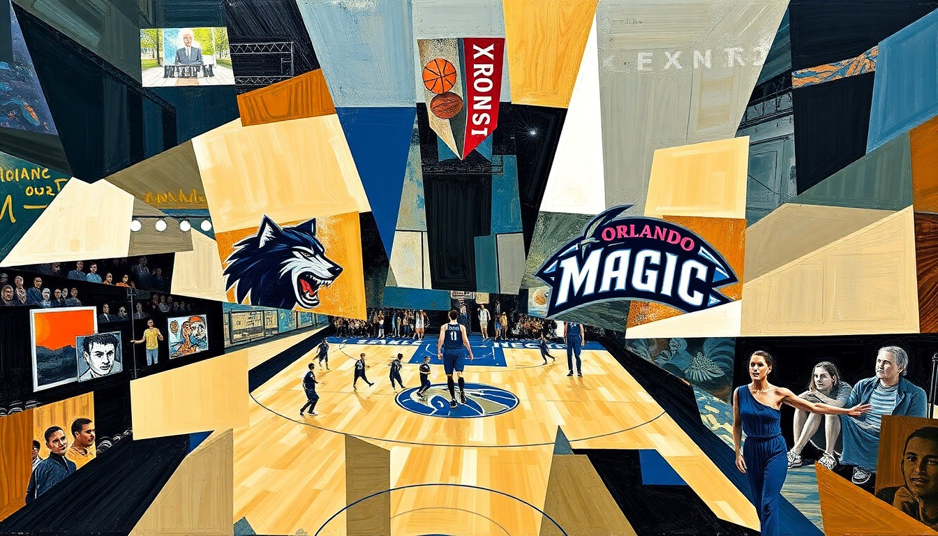 A fragmented, geometric painting depicting a basketball game, with sharp planes of color and form representing the dynamic action on the court.