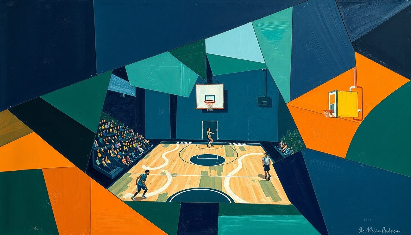 A fractured, cubist-style painting depicting a high school basketball game, with the players and court broken down into sharp, overlapping geometric shapes in a palette of navy, green, and orange, conceptually representing the innovative and experimental nature of Olean High's basketball program.