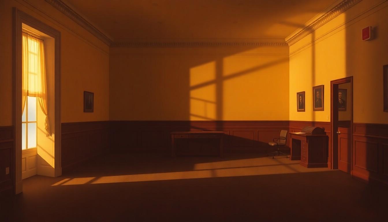 A dimly lit, cinematic painting of an empty congressional office with a lone desk and chair, the room bathed in warm, diagonal sunlight and deep shadows, conceptually representing the political transition in Georgia's 14th Congressional District.