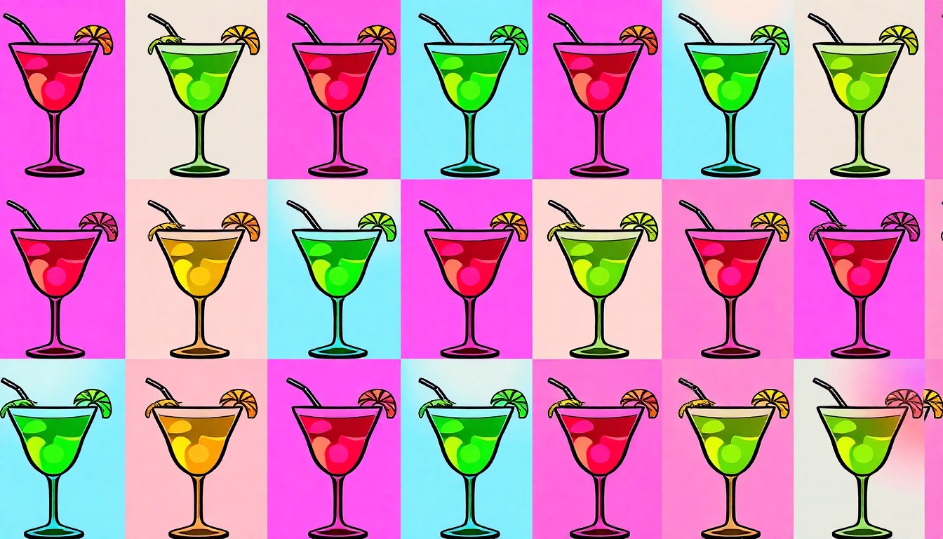 A highly stylized, silkscreen-inspired illustration featuring a repeating pattern of brightly colored tropical cocktail glasses in shades of neon pink, orange, and blue, conceptually representing the festive and community-focused nature of the Parrot Head club's monthly gatherings.