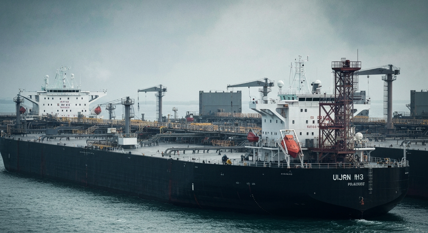 An extreme close-up of rugged, industrial oil tankers and shipping equipment in the Strait of Hormuz, conveying the critical global energy infrastructure at the heart of the US-Iran conflict.