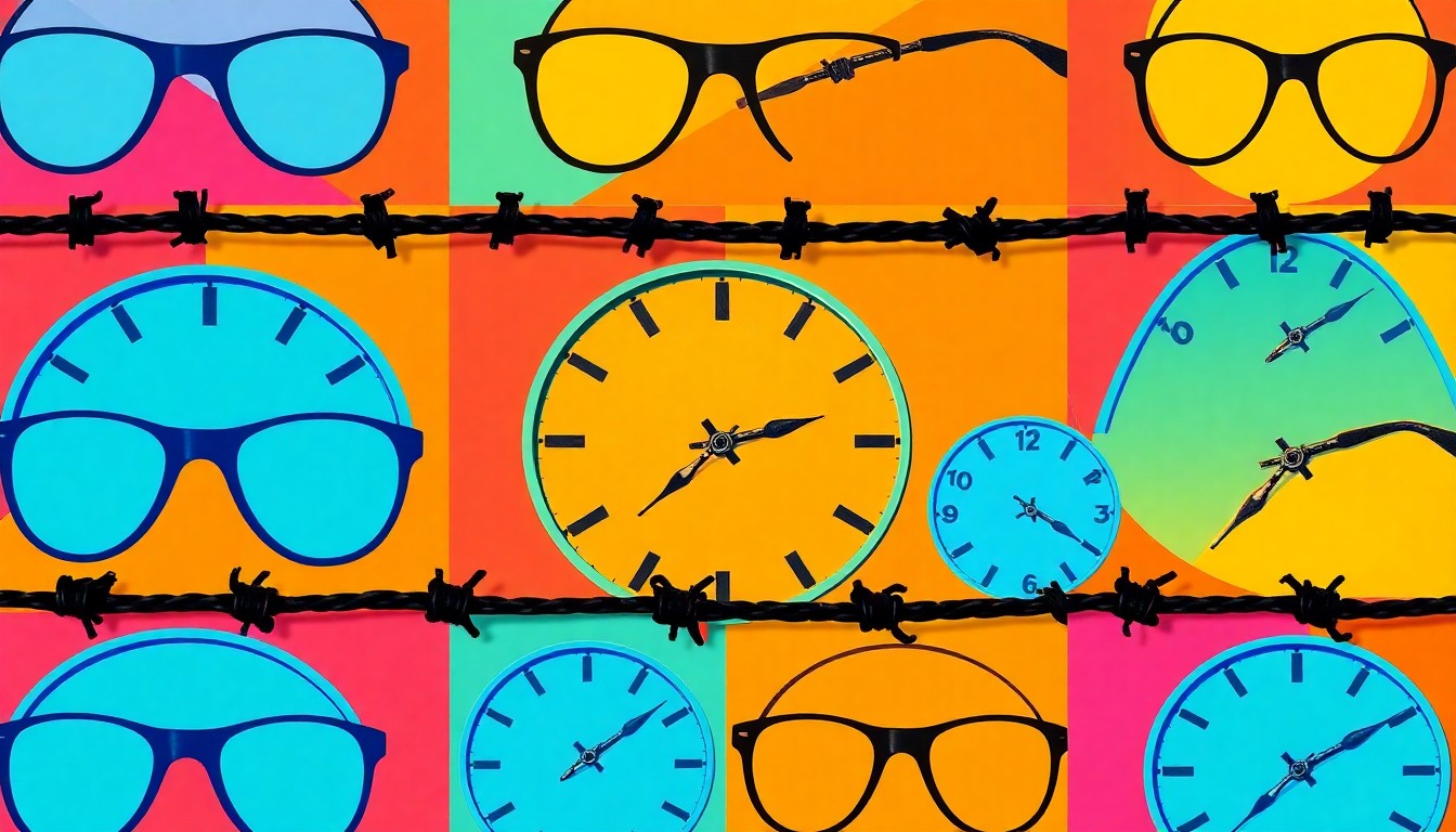 A grid of brightly colored, high-contrast silkscreen prints of an iconic historical object, such as a pair of eyeglasses or a clock face, conceptually representing the complex, messy realities that shaped major events and social changes.