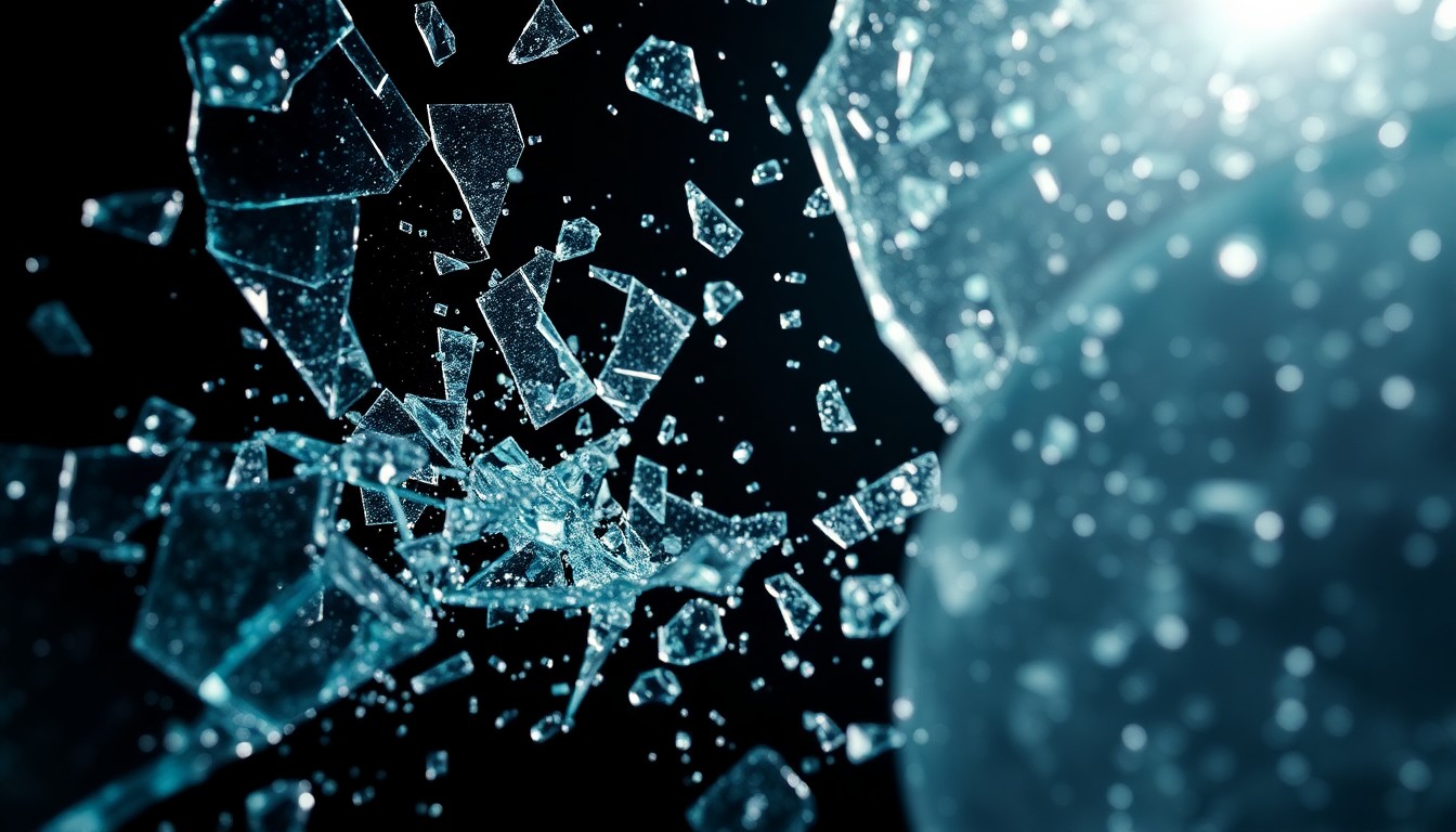 An abstract close-up image of shattered glass and glittering shards, captured in dramatic high-contrast studio lighting to convey a sense of turbulence and upheaval.