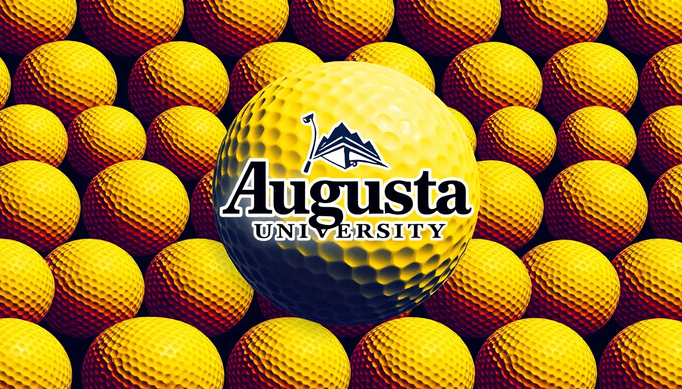 A vibrant, abstract silkscreen-style illustration featuring a repeated pattern of a golf ball in shades of green and white, with the Augusta University logo prominently displayed in the center in a bold, graphic style.