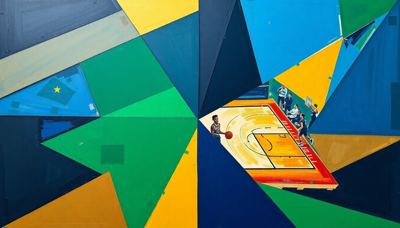 A cubist, geometric painting depicting the overlapping movements and perspectives of a college basketball game, with vibrant navy, green, and gold colors representing the dynamic action on the court.