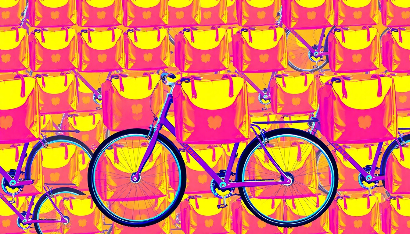 A bold, colorful silkscreen print featuring a repeating pattern of a bright red delivery bag, conceptually representing the essential role of delivery workers in the city.