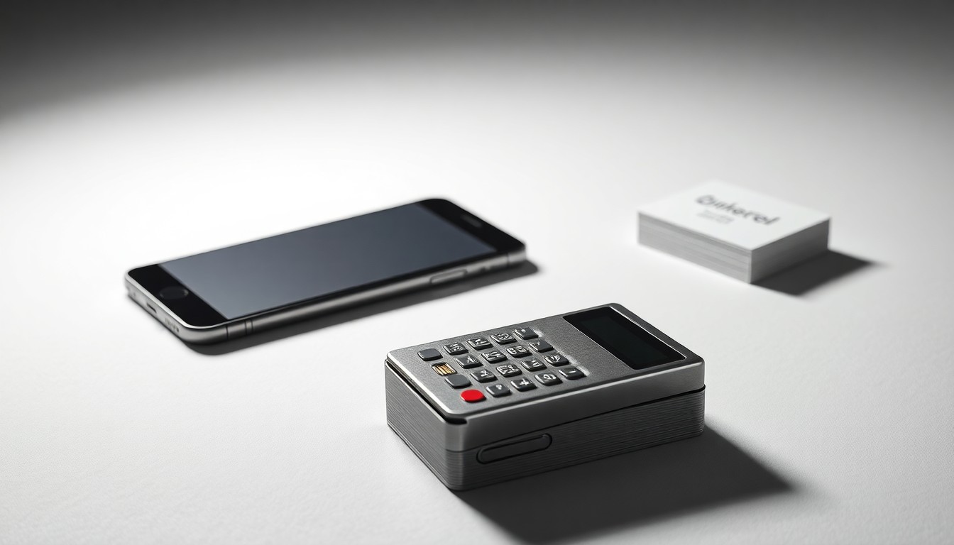A minimalist studio still life featuring a polished metal credit card reader, a sleek smartphone, and a stack of business cards, conceptually representing the collaboration between a payment processing company and a regional bank to offer enhanced digital financial services.