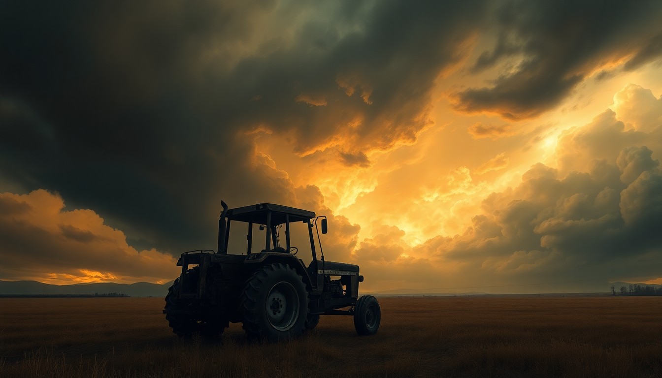 A sweeping, atmospheric landscape painting depicting a lone, charred tractor silhouetted against an ominous, stormy sky, conveying the raw power and unpredictability of a rural fire.