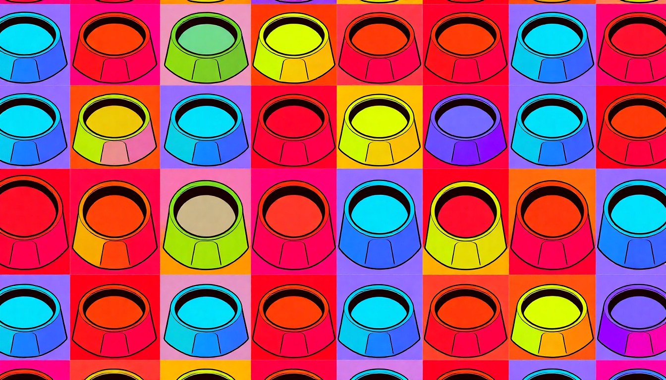 A brightly colored, high-contrast silkscreen print of a dog food bowl repeated in a tight grid pattern, conceptually representing the everyday items and routines that are central to the care and well-being of pets.