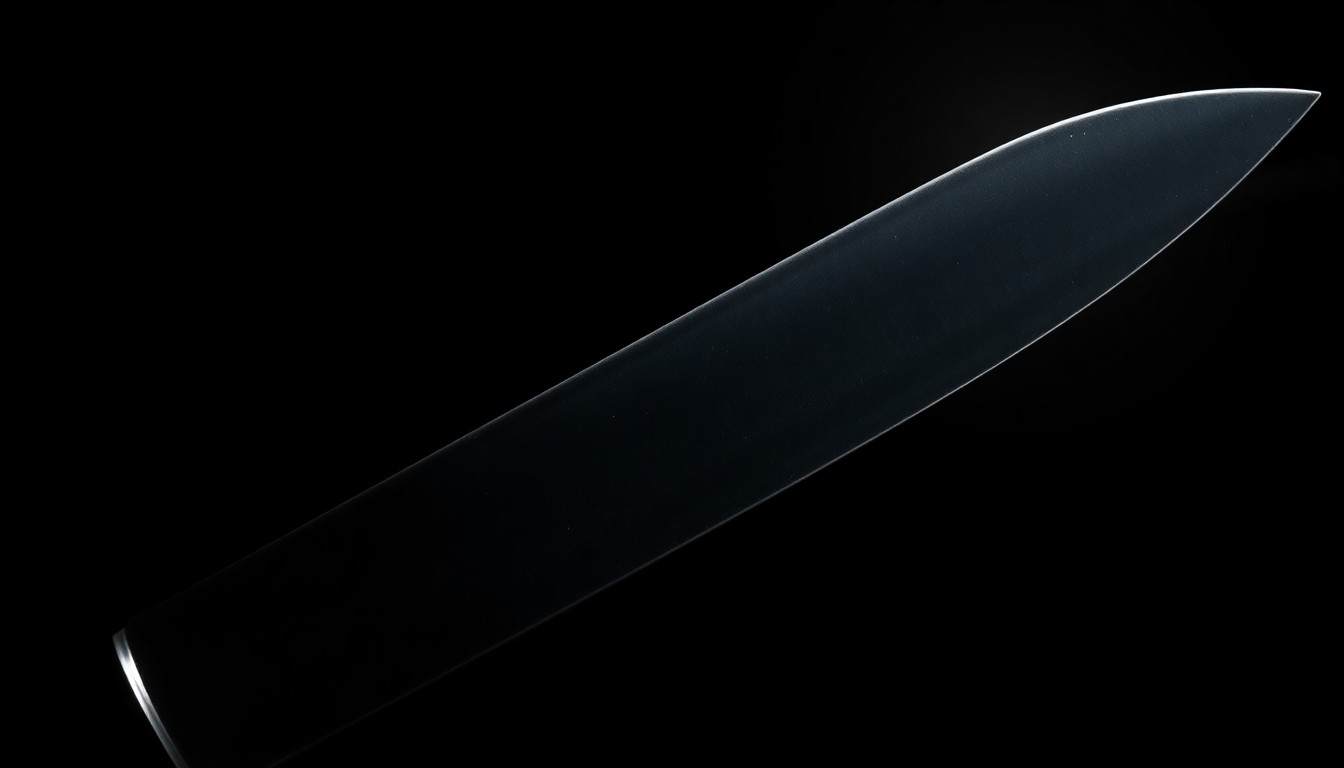 An extreme close-up photograph of a knife blade against a pitch-black background, lit by a harsh, direct camera flash, conceptually representing the violent nature of the alleged crime without depicting any actual violence.