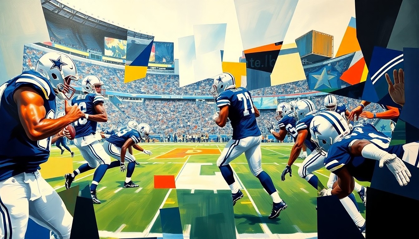 A cubist, geometric painting depicting a Dallas Cowboys football game, with the players and field broken down into sharp, overlapping planes of navy blue, silver, and white shapes, capturing the strategic complexity of the team's offseason decisions.