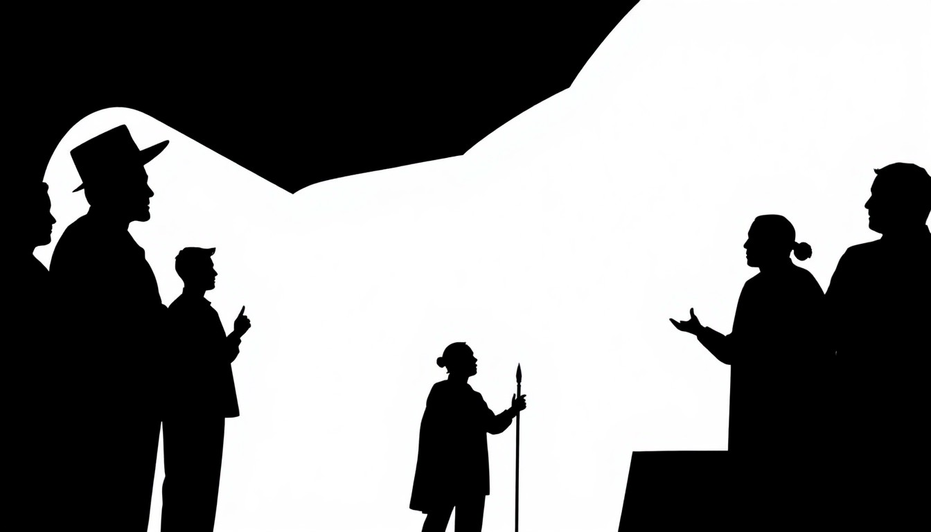 A bold, abstract composition of stark black silhouettes and geometric shapes in high-contrast red and white, conceptually representing the themes of historical injustice, resilience, and the ongoing fight for civil rights explored in the choral opera 'Echoes of Eureka'.