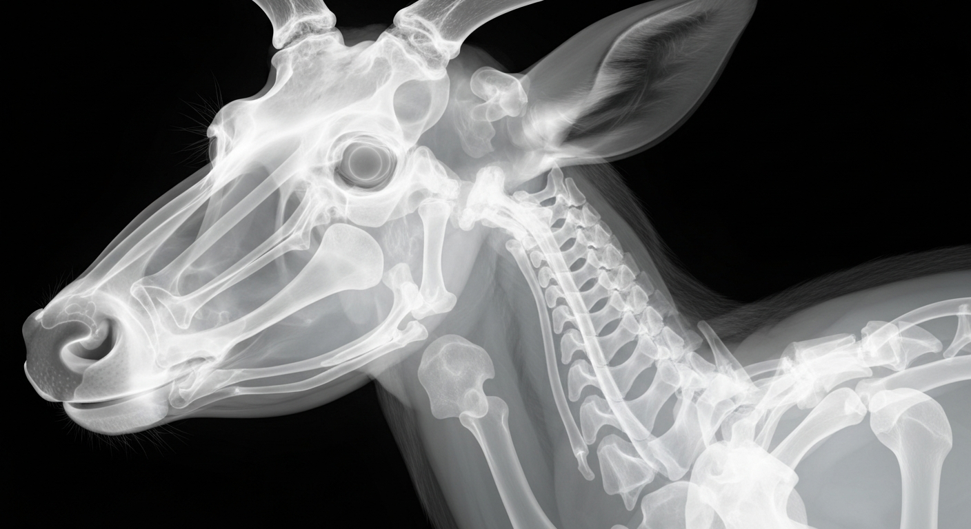 A ghostly, translucent X-ray photograph revealing the internal structure of a deer's head and neck, with glowing white bones and faint outlines of the animal's soft tissues, conceptually representing the hidden spread of bovine tuberculosis within the state's deer population.