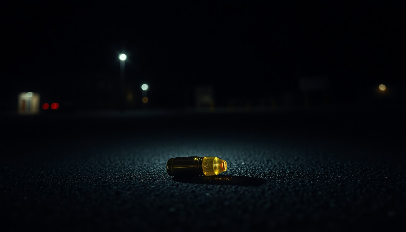 An extreme close-up photograph of a single bullet casing on the asphalt of a campus parking lot, lit by a harsh, direct camera flash against a pitch-black background, conceptually illustrating the gritty details of a campus crime investigation.