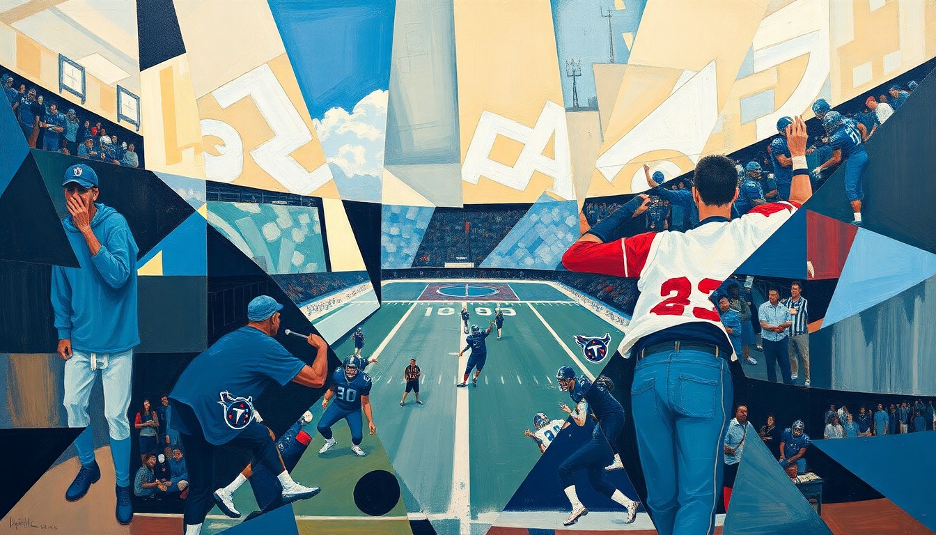 A fragmented, geometric painting depicting a Tennessee Titans football game or practice, with players and the field broken down into sharp, overlapping planes of color and shape.