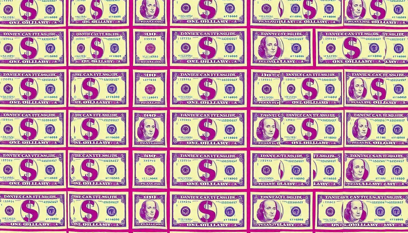 A vibrant, high-contrast silkscreen print of a stack of dollar bills repeated in a grid, conceptually representing the financial education and budgeting skills gained by high school students at a financial literacy fair.