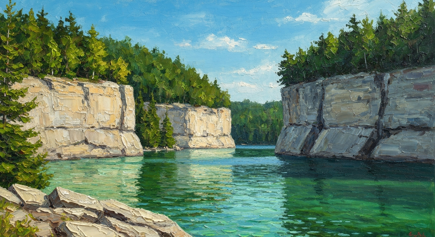 A vibrant, textured oil painting landscape depicting the rugged cliffs, lush forests, and crystal clear waters of Devil's Lake State Park in Wisconsin, capturing the park's natural beauty and sense of adventure.