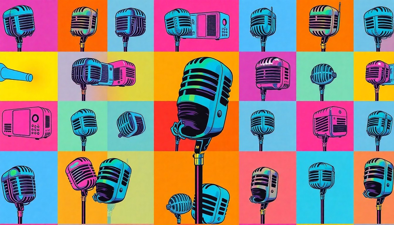 A vibrant, high-contrast silkscreen print of a vintage radio microphone repeated in a grid pattern, using a bold, neon color palette to transform the everyday object into a modern pop art piece.