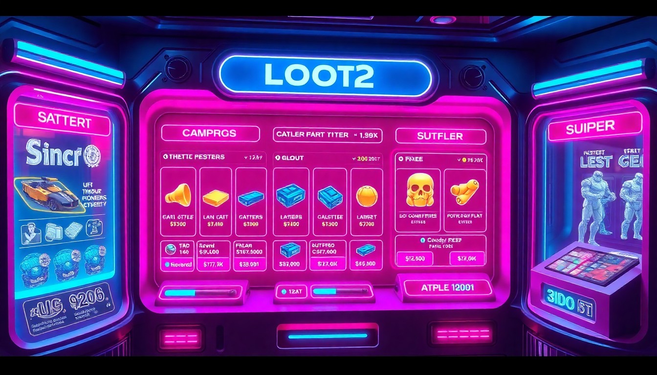 A visually striking, high-tech 3D illustration depicting a futuristic, neon-lit interface for a CS2 loot terminal, with various glowing item offers and purchase options, conceptually representing Valve's move toward a more transparent in-game economy.
