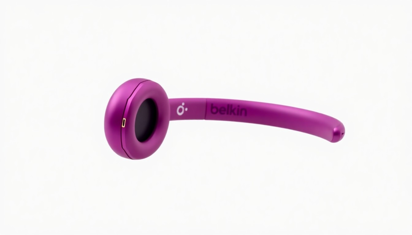 An extreme close-up of the Belkin SoundForm Inspire headphones in a bright, vibrant color showcasing the sleek, minimalist design with clean lines and subtle metallic accents, conveying a sense of quality and innovation.