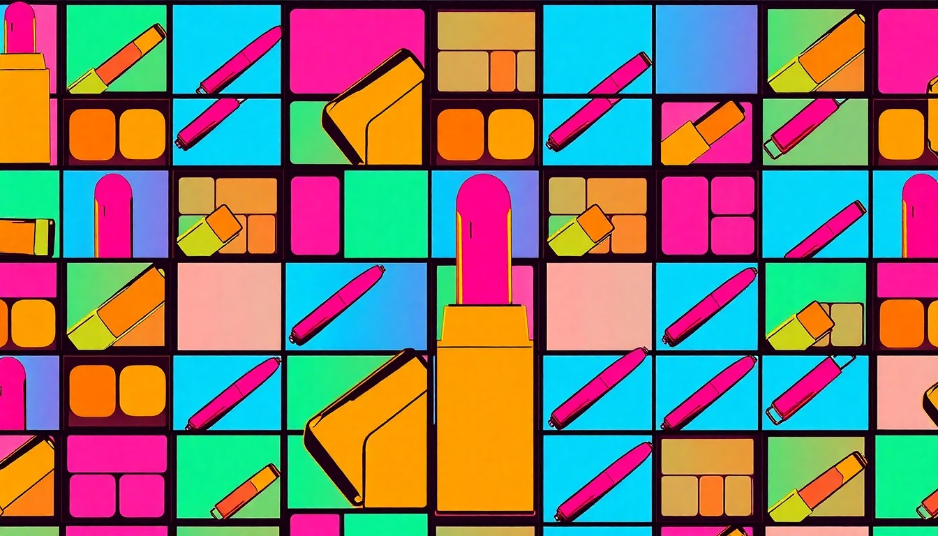 A brightly colored, high-contrast silkscreen print of a Sephora makeup product, such as a lipstick or eyeshadow palette, repeated in a tight grid pattern in the style of Andy Warhol, capturing the vibrant energy and consumer appeal of the retailer's biannual sale event.