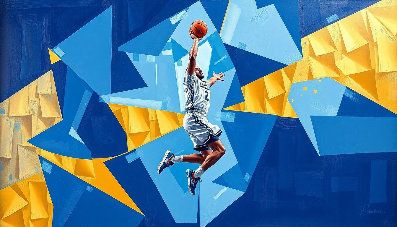 A fragmented, geometric painting in bold blues and golds depicts a college basketball player in mid-motion, their form deconstructed into sharp, overlapping planes.