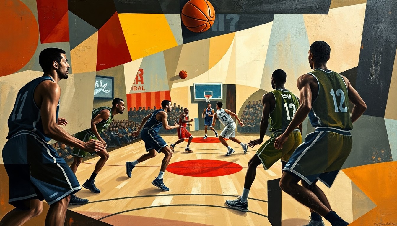 A fragmented, geometric painting depicting the abstract forms of basketball players in motion, representing the surprising and complex nature of the trade that sent shockwaves through the league.