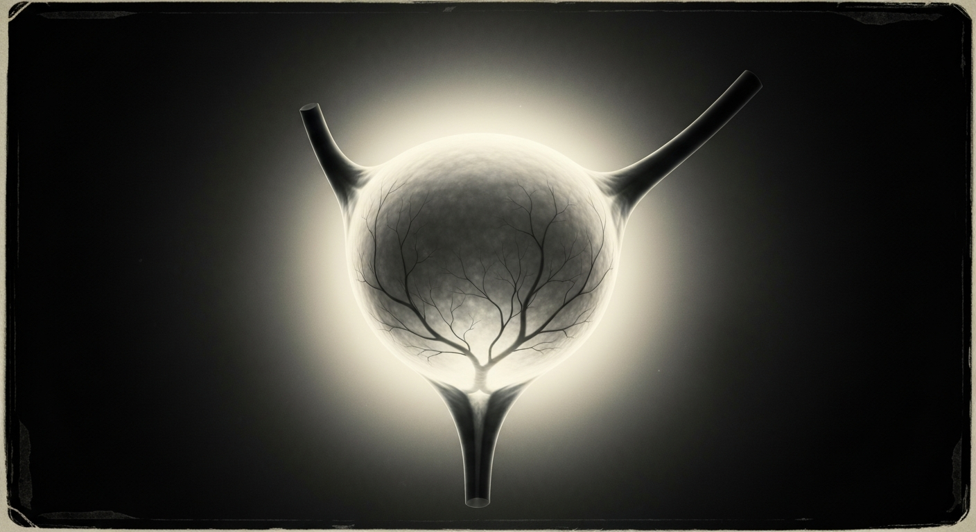 A translucent, ghostly X-ray image of the human bladder, revealing its intricate internal structure of veins and tissue in shades of blue and grey against a dark background.