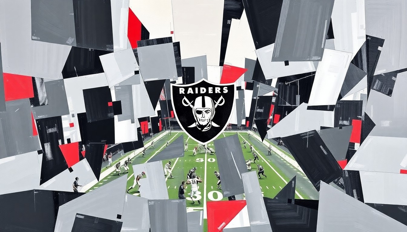 A cubist, geometric painting featuring overlapping planes of silver, black, and red, conceptually representing the complex history and future of the Las Vegas Raiders organization.