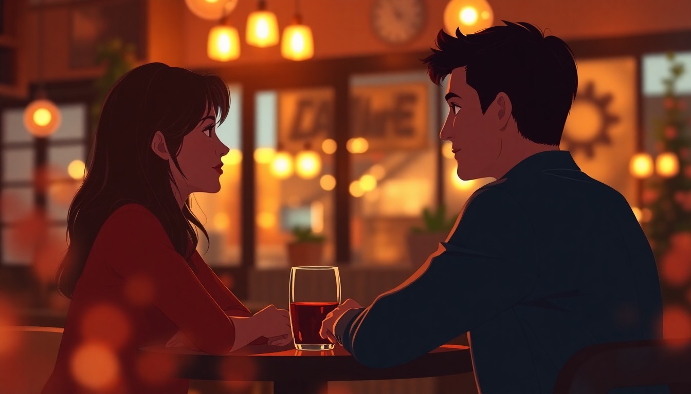 An abstract, impressionistic scene of two people sitting at a cafe table, their faces and details obscured in a hazy, dreamlike wash of warm colors and soft, blurred light, conveying the intimate, romantic mood of a matchmaking-facilitated date.