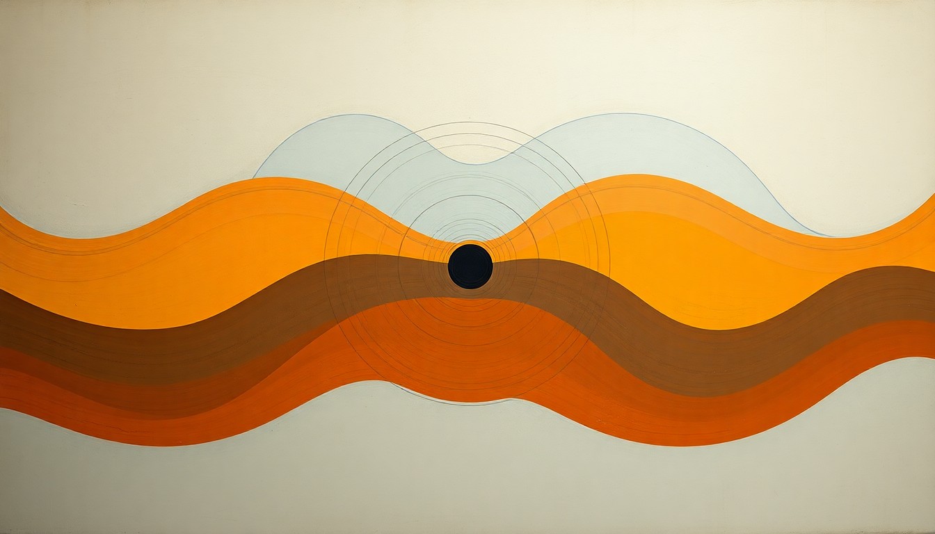 A highly structured abstract painting in soft blues, greens, and grays, featuring sweeping geometric arcs, concentric circles, and precise botanical spirals, conceptually representing the complex chemical transformation of nitroarenes to aromatic amines using an innovative nickel foam catalyst.