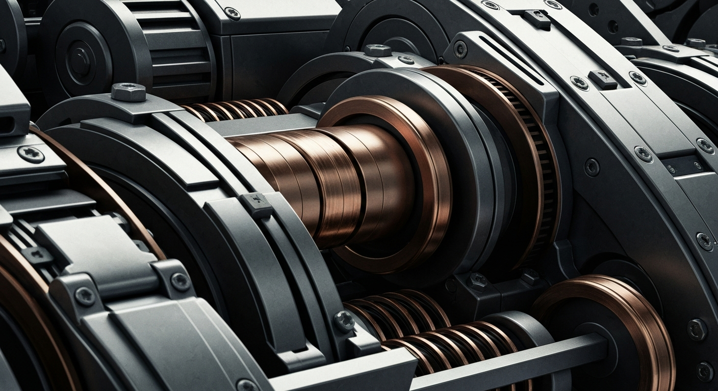 An extreme close-up of complex, industrial banking equipment and machinery, conveying the institutional power and financial infrastructure that enables global capital markets.