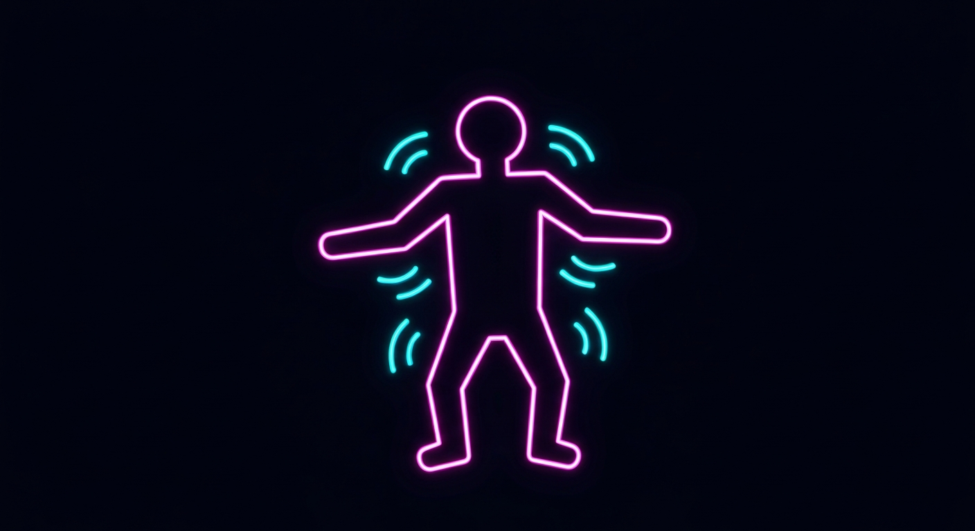 A minimalist illustration featuring a glowing, neon-outlined human figure against a dark background, representing the concept of metabolic activity and energy balance in a stylized, abstract manner.