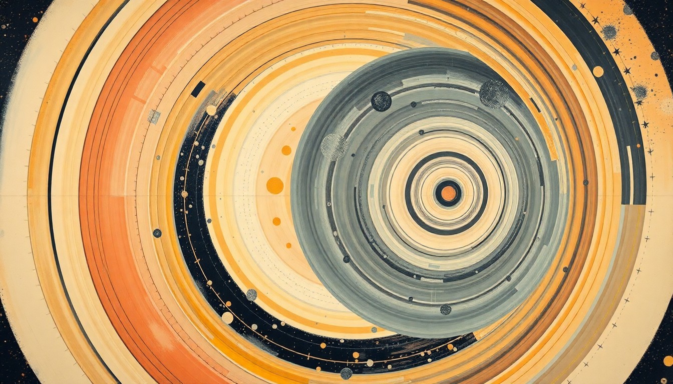 A bold, abstract painting featuring sweeping geometric arcs, concentric circles, and precise spirals in soft colors, conceptually representing the complex interplay of forces shaping the future of space exploration.