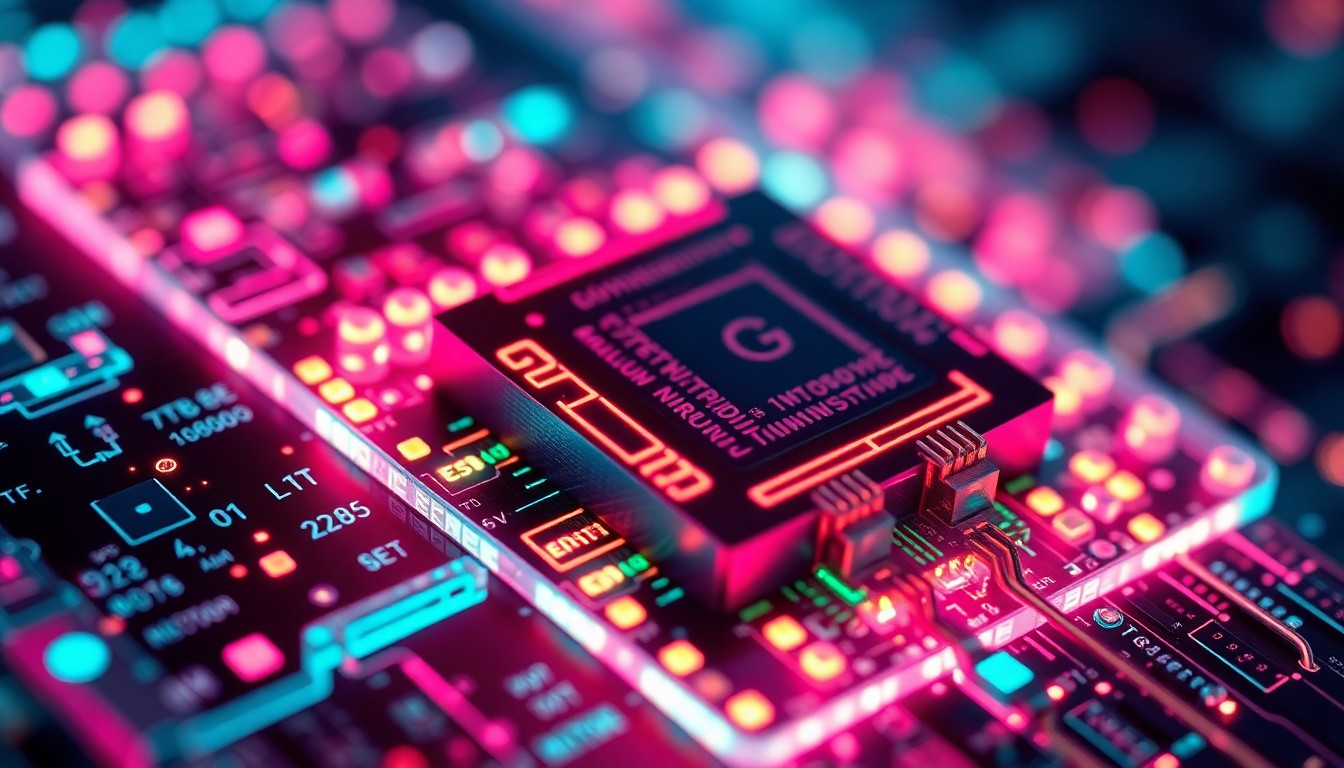 A highly detailed, glowing 3D illustration of a microscopic gallium nitride transistor on a silicon carbide substrate, illuminated by neon cyan and magenta lights, conceptually representing the advanced semiconductor technology developed by HRL Laboratories.
