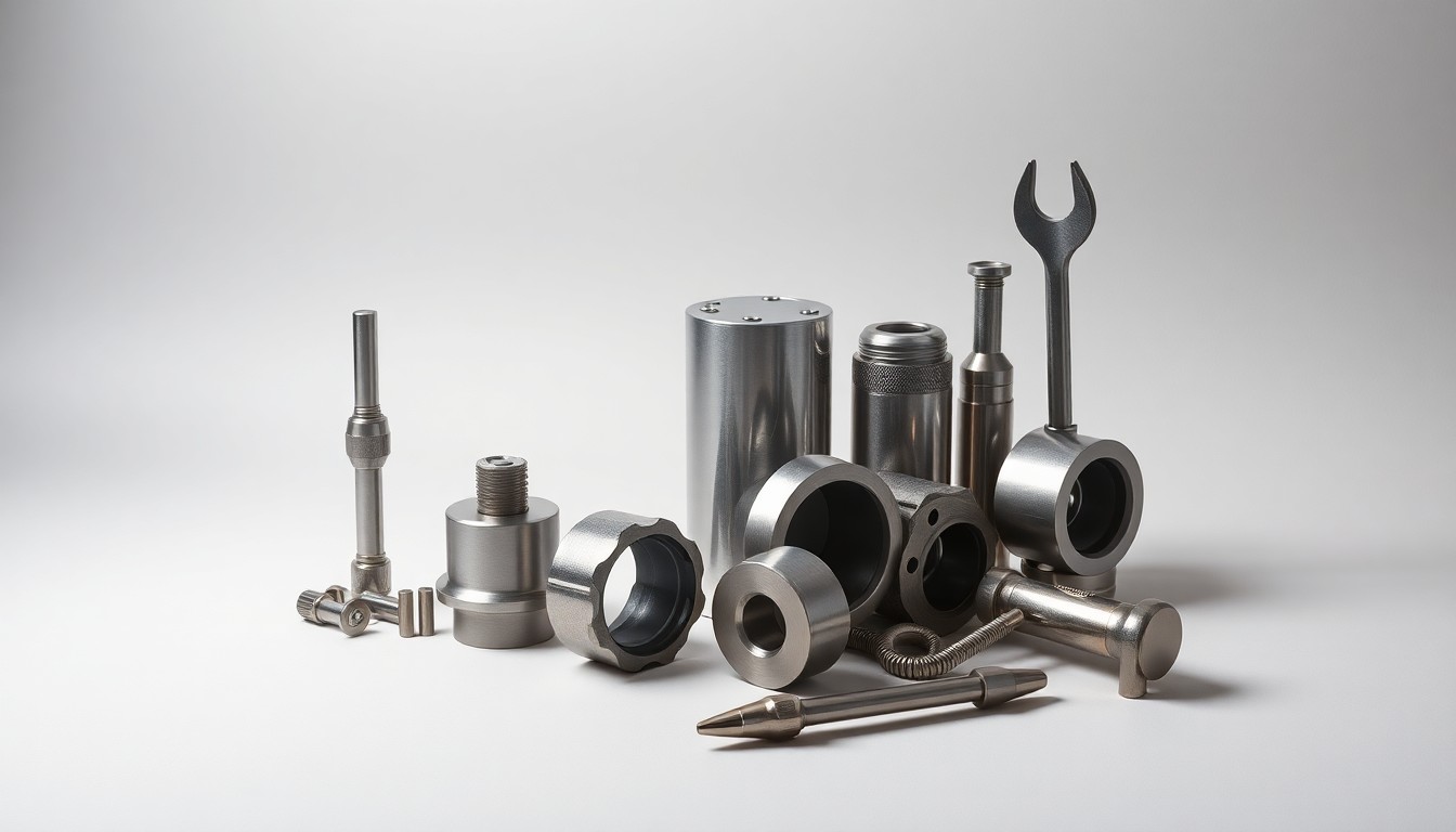 A minimalist studio still life photograph featuring a collection of shiny, geometric metal farm equipment parts and tools arranged on a clean, white background with dramatic lighting and deep shadows, conceptually representing the abstract corporate and legal issues surrounding the right to repair.