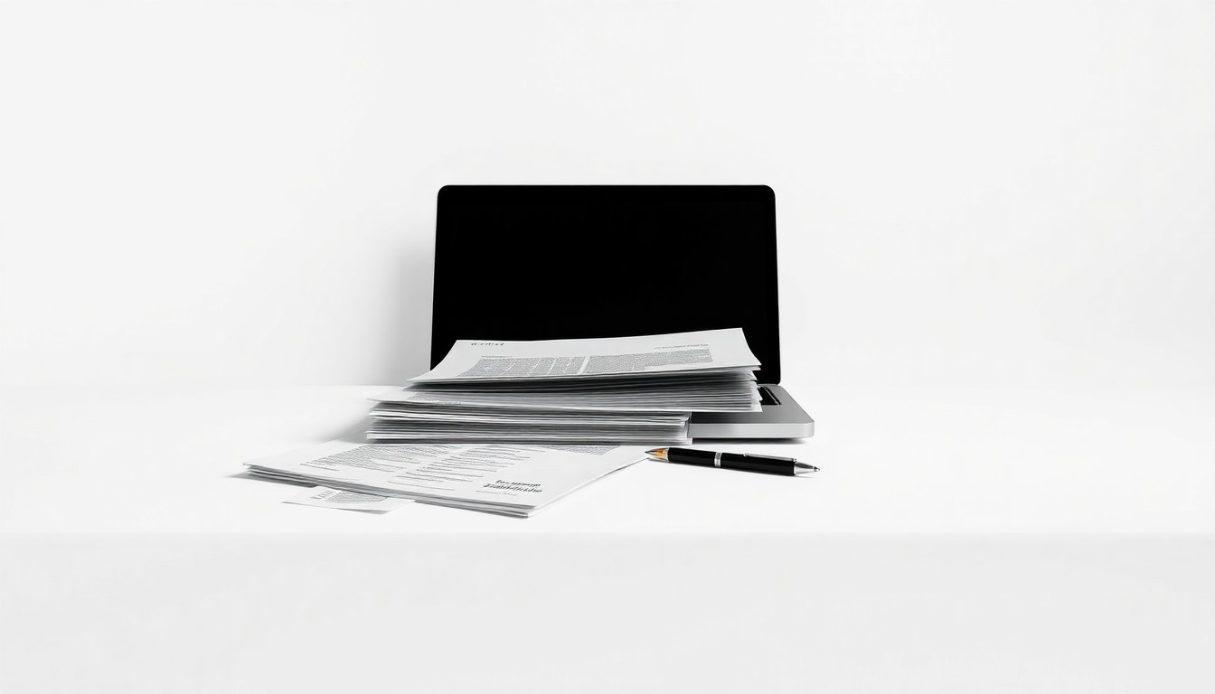 A minimalist, photorealistic studio still life featuring a stack of business reports, a laptop, and a pen on a clean, monochromatic background, conceptually representing the data-driven tools used by Syndio to provide decision intelligence for pay equity.