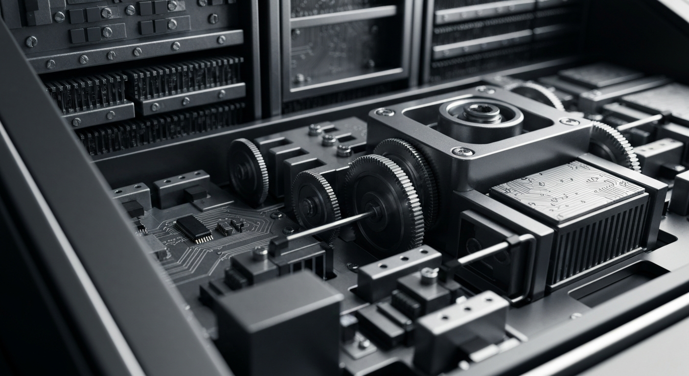 An extreme close-up of the intricate inner workings of a high-tech banking terminal, with gears, circuits, and metallic components filling the frame, conceptually representing the power and complexity of modern financial infrastructure.
