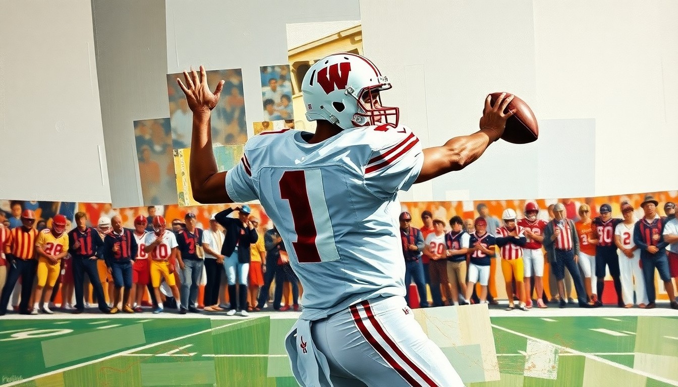 A cubist, geometric painting depicting a Wisconsin football quarterback in the act of dropping back to pass, with the player's body and the football broken down into sharp, overlapping planes of color.