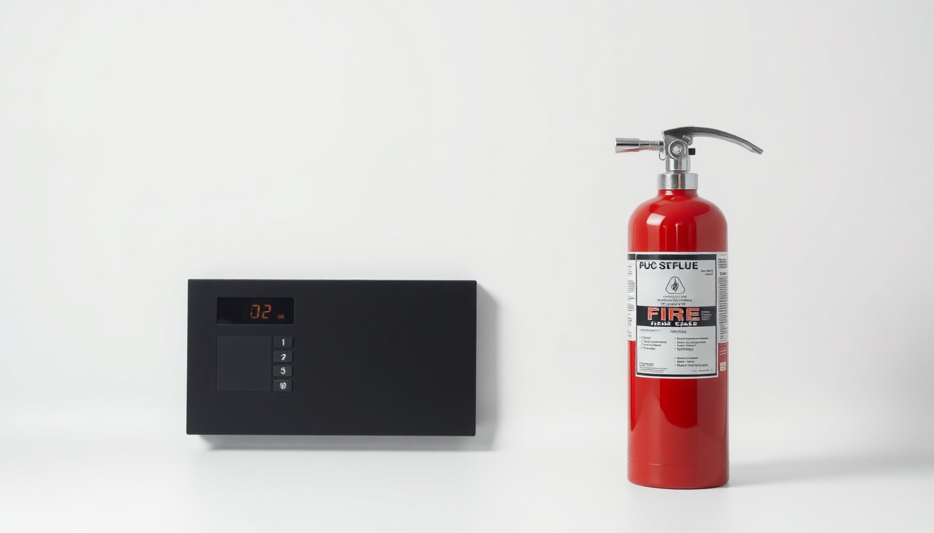 A high-end studio photograph featuring a polished chrome fire extinguisher and a sleek black fire alarm panel arranged elegantly on a clean white background, conveying the critical importance of fire safety compliance for businesses.