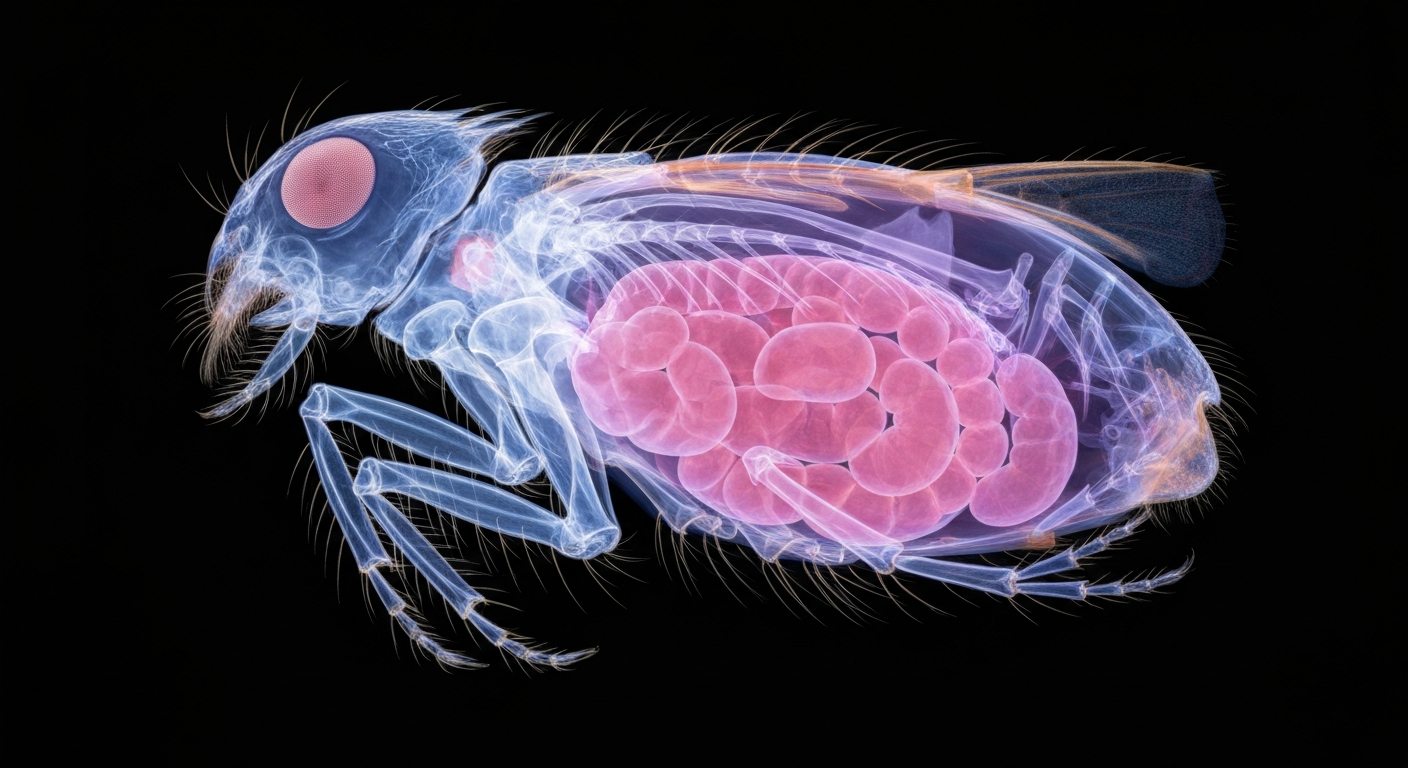 A highly detailed, translucent X-ray photograph showing the internal structures of a flea, with its legs, abdomen, and other features visible as glowing lines against a dark background, conceptually representing the spread of the flea-borne typhus illness.