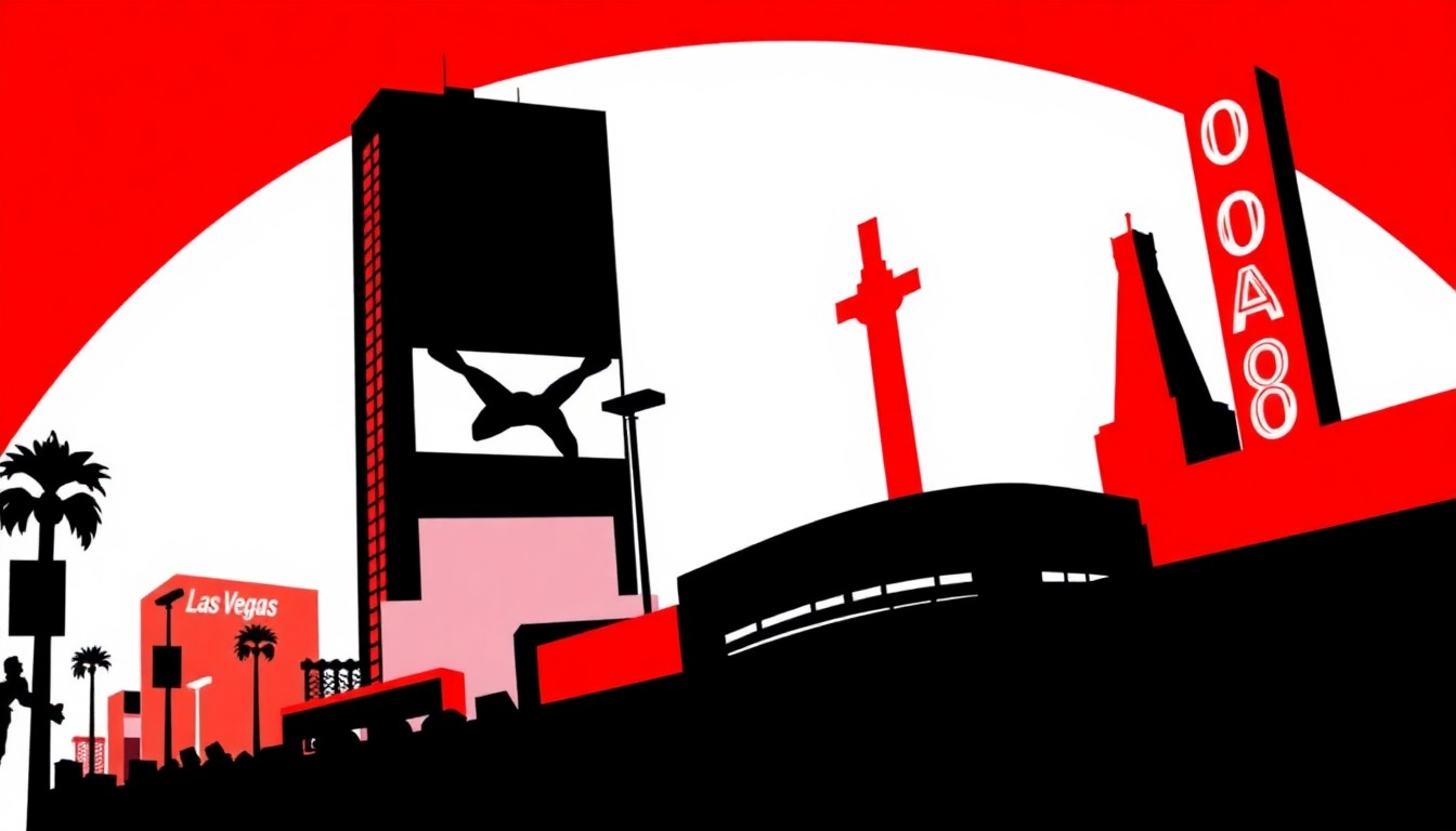 An abstract, minimalist illustration featuring bold, jagged geometric shapes in high-contrast red and white, conceptually representing a lively '90s-themed music and entertainment event in downtown Las Vegas.