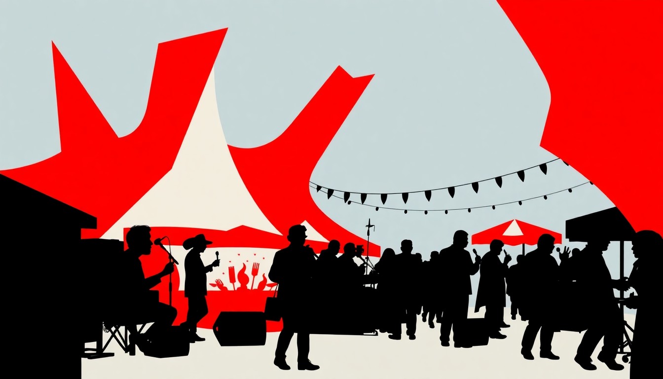 An abstract, minimalist illustration featuring bold, jagged shapes in red, white, and black, conceptually representing the energy and excitement of an outdoor music and food festival.