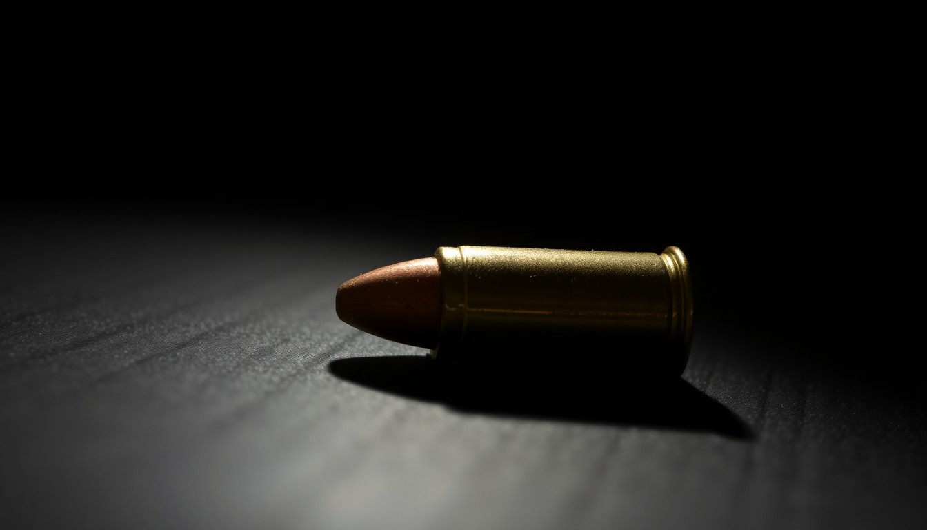 An extreme close-up photograph of a single spent bullet casing on a dark, shadowy surface, lit by a harsh, direct camera flash, conceptually representing the aftermath of a deadly shooting incident.