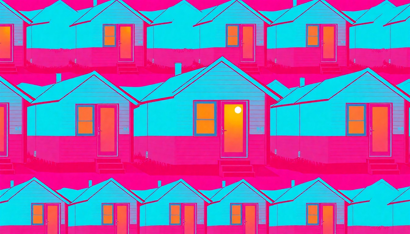 A brightly colored, high-contrast silkscreen print of a tiny home with a warm light glowing from the window, repeated in a tight grid pattern, conceptually representing Anchorage's new transitional housing program that pairs stable microunits with on-site addiction and behavioral health services.