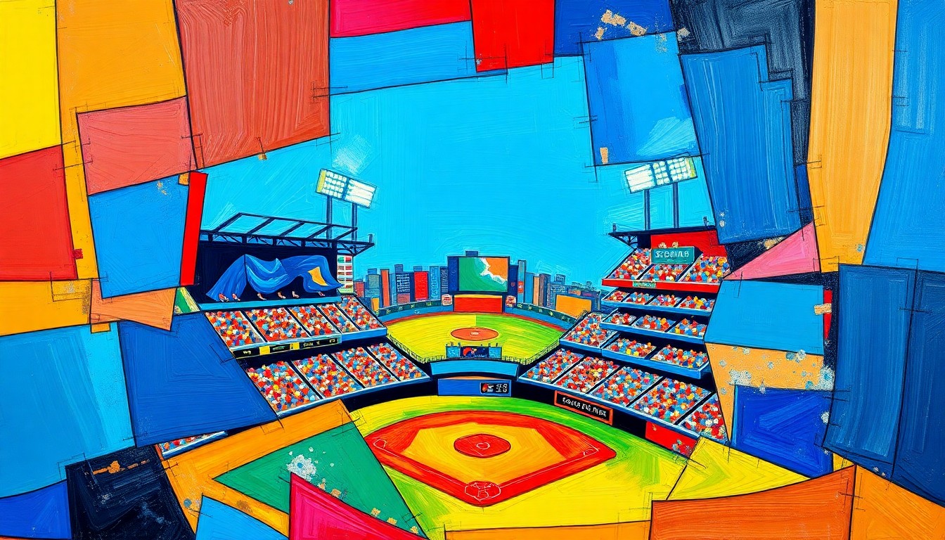 A fragmented, geometric painting depicting a baseball game or match, with sharp planes of color and overlapping perspectives, conveying the intensity of the Phillies-Giants series finale.