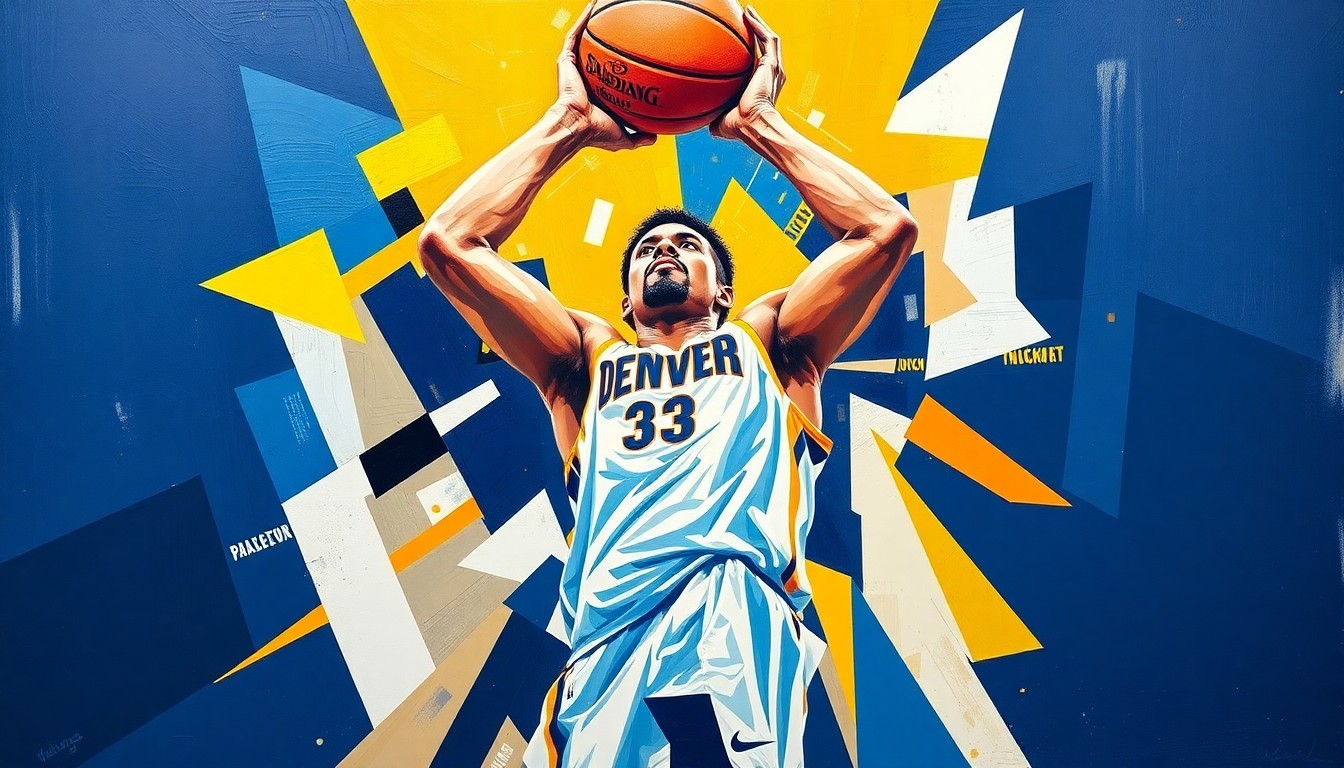A cubist, geometric painting depicting Nikola Jokic's basketball movements and statistics in overlapping planes of color, conceptually representing his unprecedented dual dominance as the league's top rebounder and assist leader.